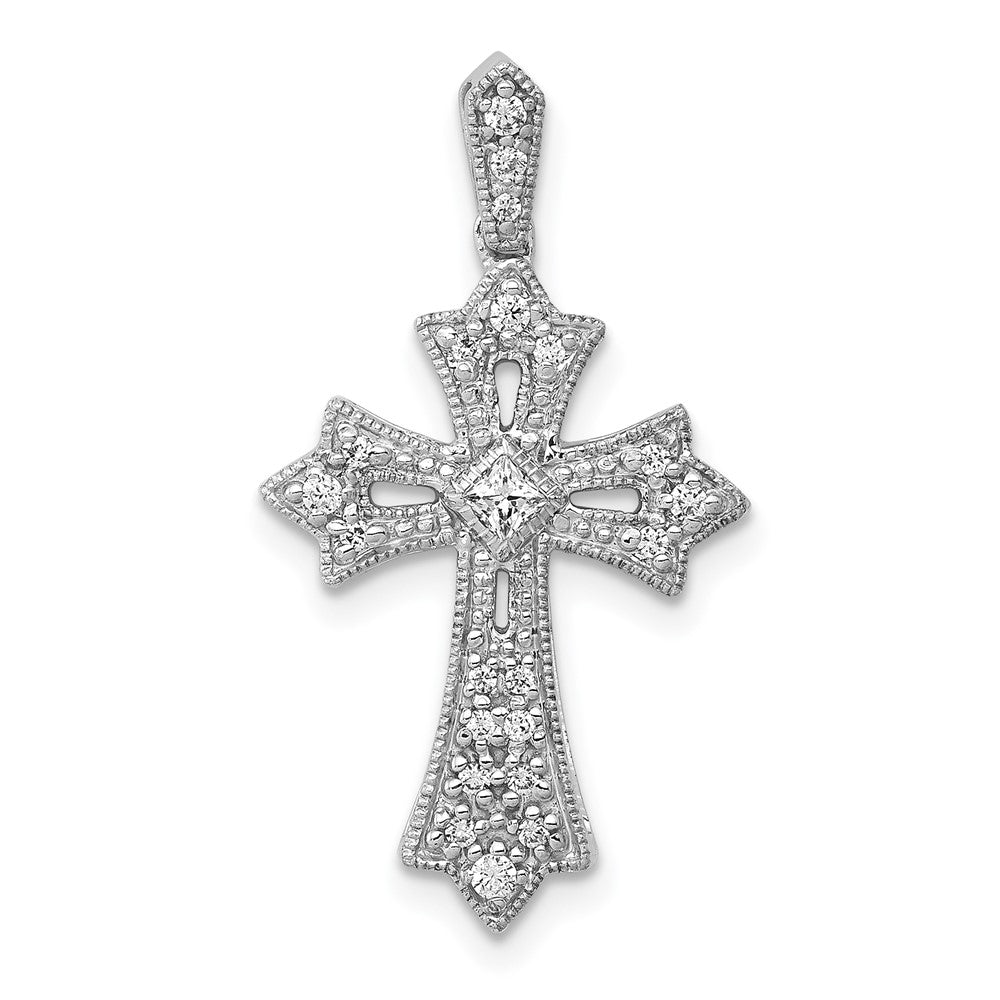 14k White Gold 1/6ct. Real Diamond Fleur de Lis Cross Pendant