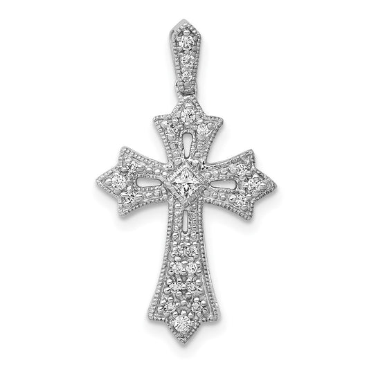14k White Gold 1/6ct. Real Diamond Fleur de Lis Cross Pendant