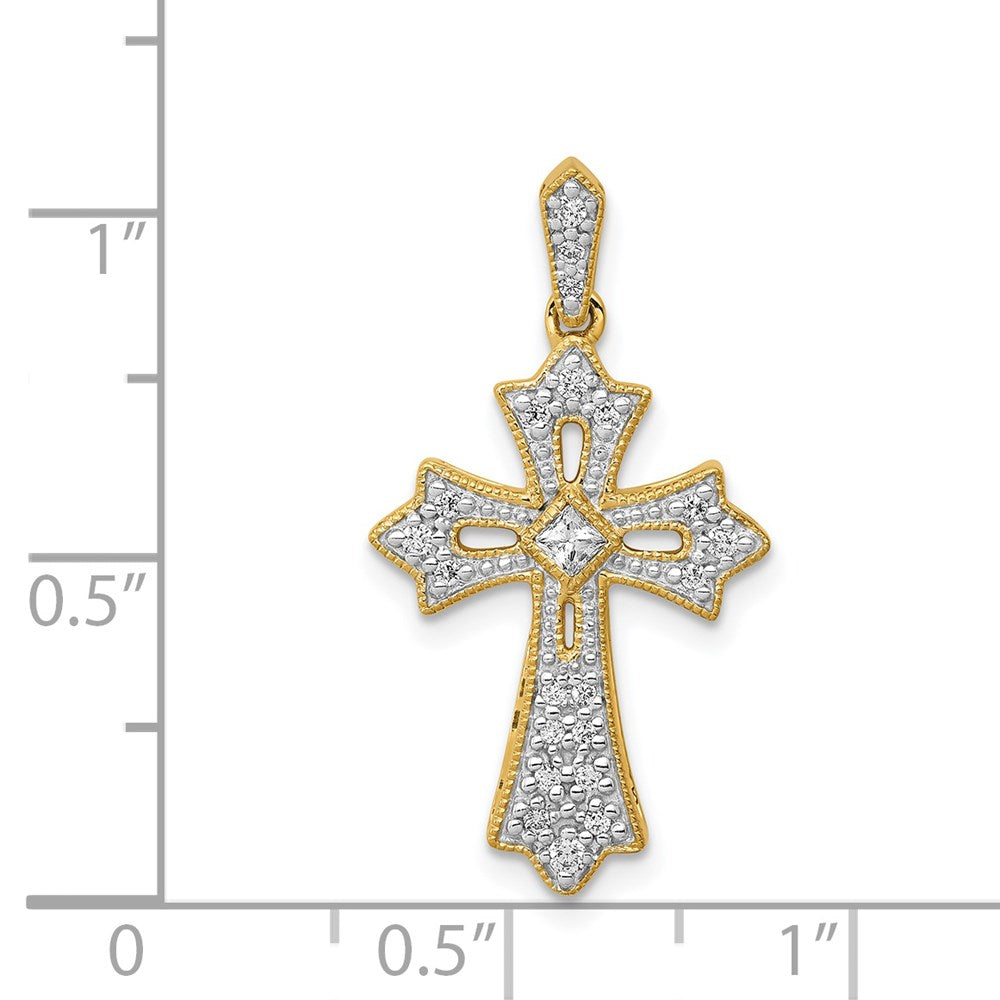 Solid 14k Yellow Gold 1/6ct. Simulated CZ Fleur de Lis Cross Pendant