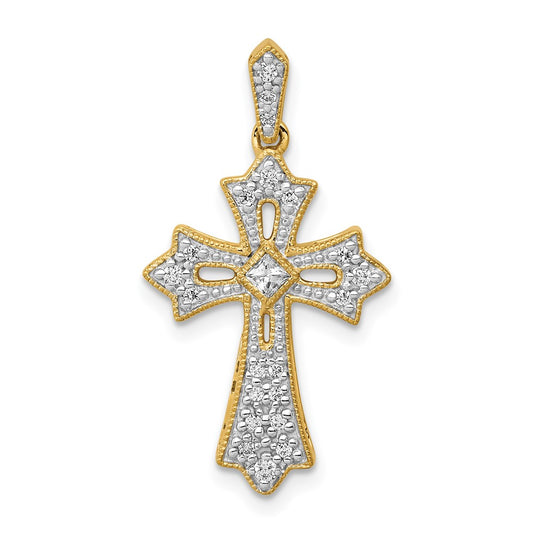 14K Yellow Gold 1/6ct. Real Diamond Fleur de Lis Cross Pendant