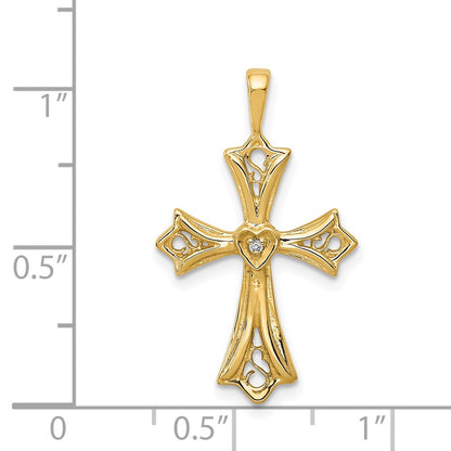 14K Yellow Gold AA Real Diamond Cross w/ Heart Center Pendant