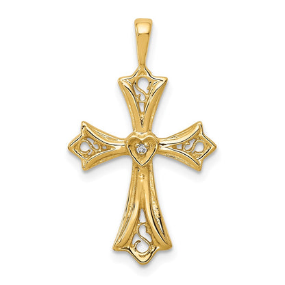 14K Yellow Gold AA Real Diamond Cross w/ Heart Center Pendant