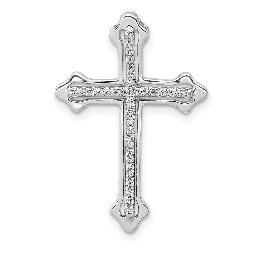 14k White Gold Polished 1/10ct. Real Diamond Budded Cross Chain Slide