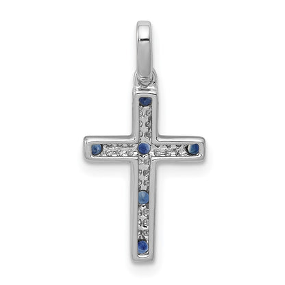 14k White Gold 1/15ct. Real Diamond and Sapphire Cross Pendant