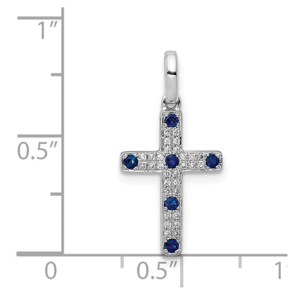 14k White Gold 1/15ct. Real Diamond and Sapphire Cross Pendant