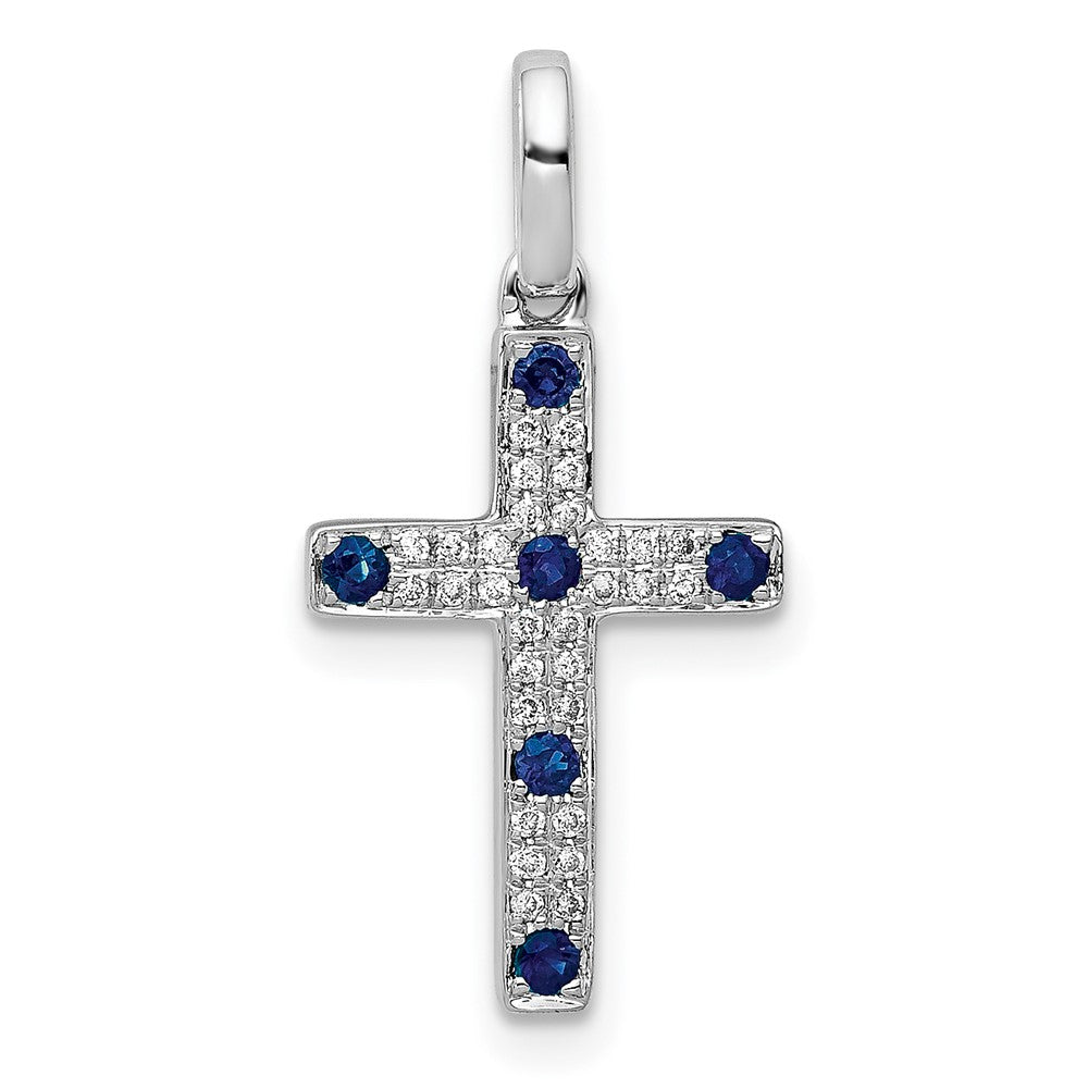 14k White Gold 1/15ct. Real Diamond and Sapphire Cross Pendant