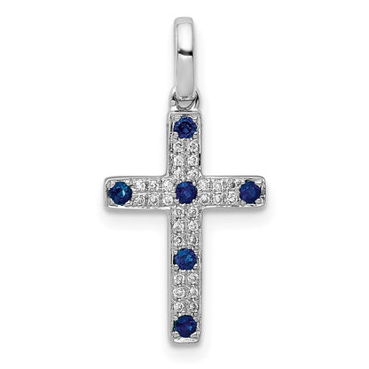 14k White Gold 1/15ct. Real Diamond and Sapphire Cross Pendant