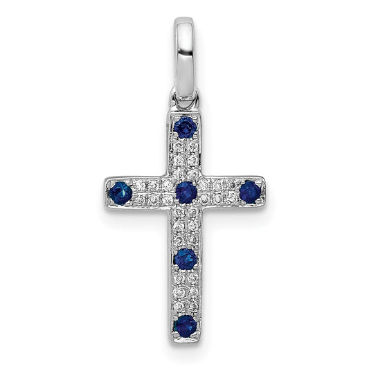 14k White Gold 1/15ct. Real Diamond and Sapphire Cross Pendant