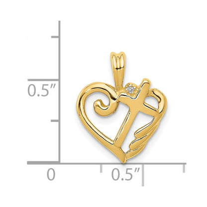 14K Yellow Gold AA Real Diamond Heart with Cross Pendant