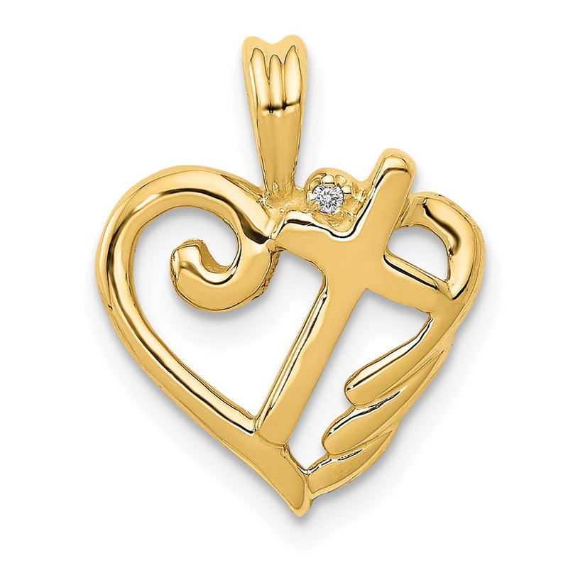 14K Yellow Gold AA Real Diamond Heart with Cross Pendant