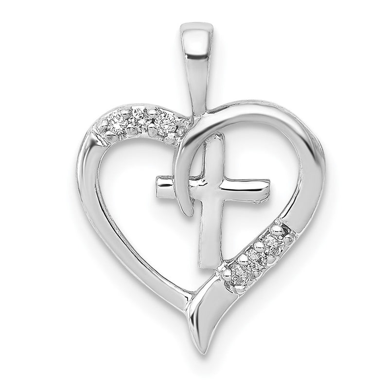 14k White Gold AA Real Diamond Heart Cross Pendant