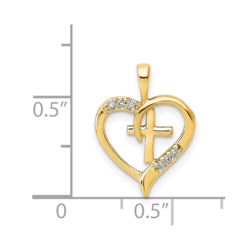 14K Yellow Gold AA Real Diamond Heart Cross Pendant