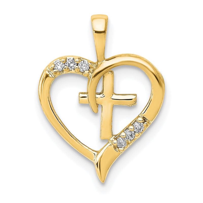 14K Yellow Gold AA Real Diamond Heart Cross Pendant