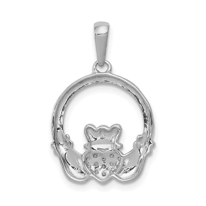 14k White Gold Real Diamond Claddagh Circle Pendant