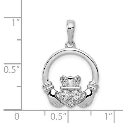 14k White Gold Real Diamond Claddagh Circle Pendant