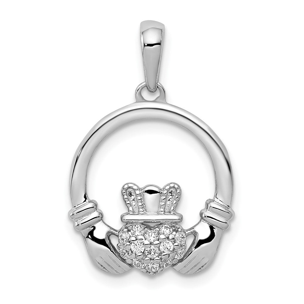 14k White Gold Real Diamond Claddagh Circle Pendant