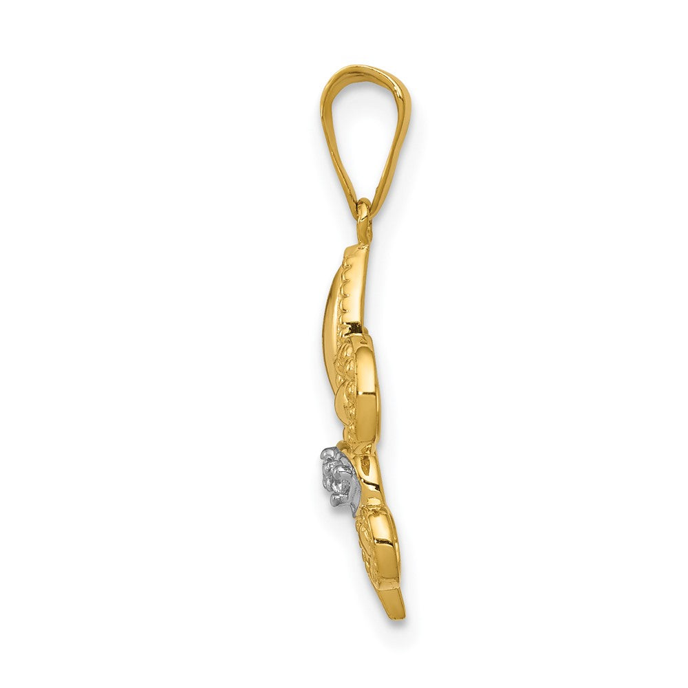 14k Yellow Gold w/Rhodium Polished Real Diamond Fleur de Lis Pendant