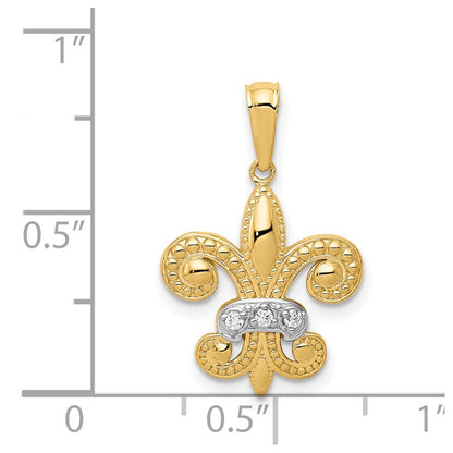 14k Yellow Gold w/Rhodium Polished Real Diamond Fleur de Lis Pendant