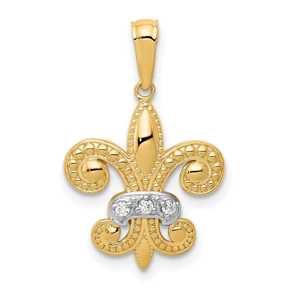 14k Yellow Gold w/Rhodium Polished Real Diamond Fleur de Lis Pendant
