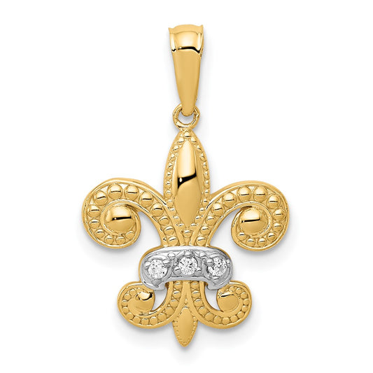 14k Yellow Gold w/Rhodium Polished Real Diamond Fleur de Lis Pendant