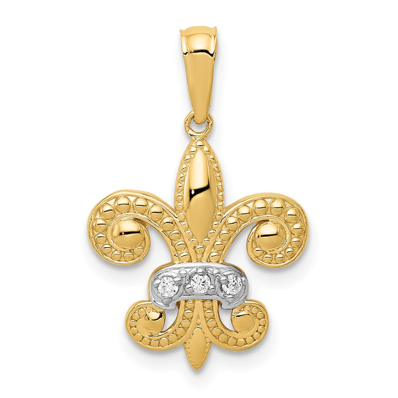 14k Yellow Gold w/Rhodium Polished Real Diamond Fleur de Lis Pendant