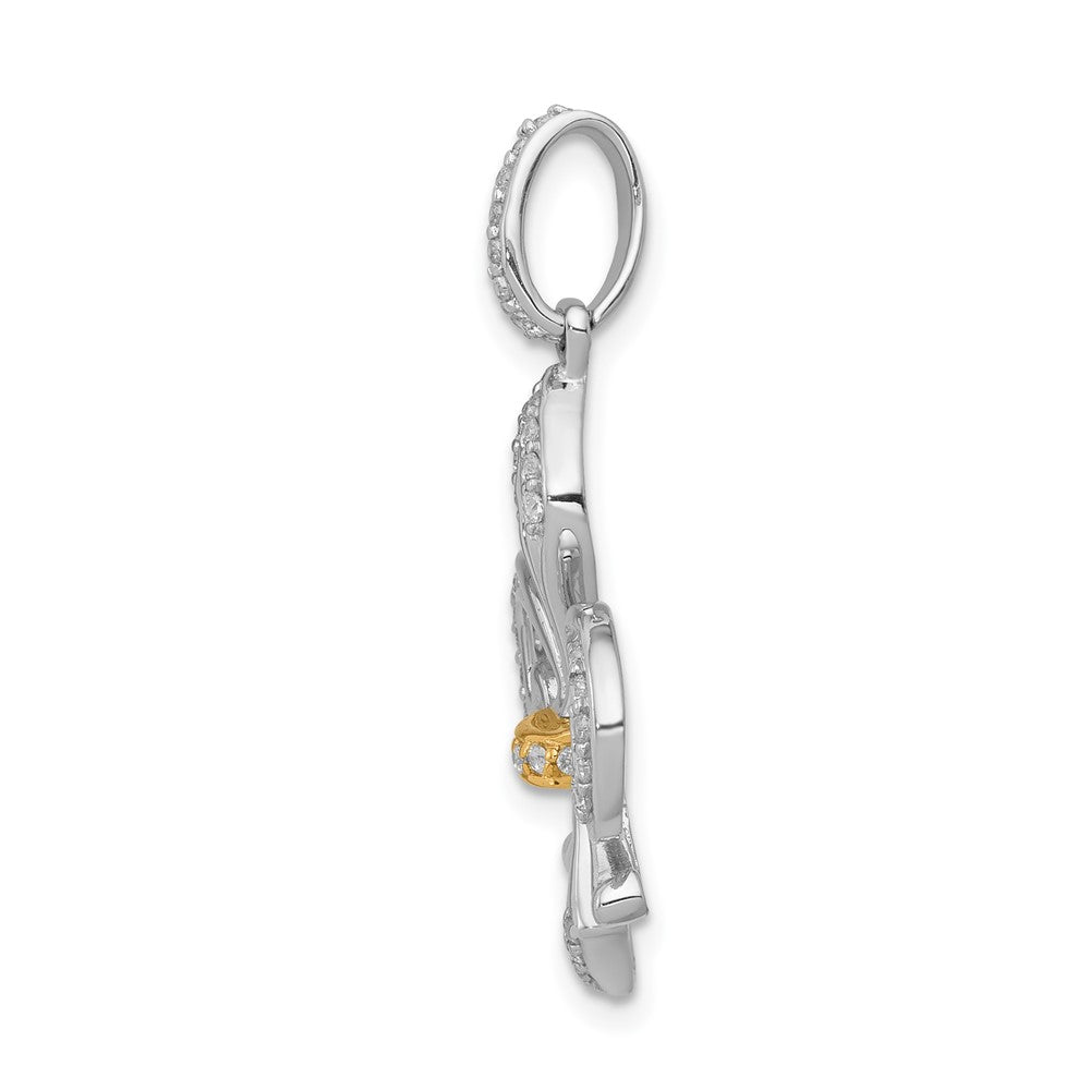 Solid 14k Two-tone Simulated CZ Fleur De Lis Pendant