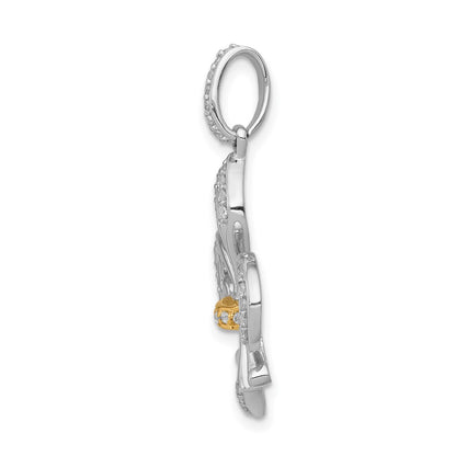 Solid 14k Two-tone Simulated CZ Fleur De Lis Pendant