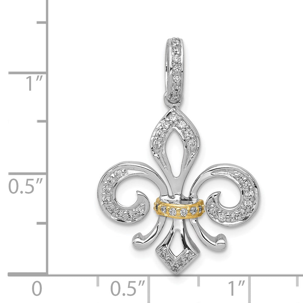 Solid 14k Two-tone Simulated CZ Fleur De Lis Pendant