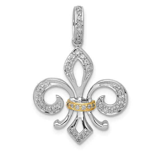Solid 14k Two-tone Simulated CZ Fleur De Lis Pendant