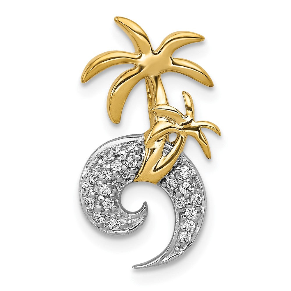 14k Two-Tone Gold Real Diamond Double Palm Tree and Wave Chain Slide