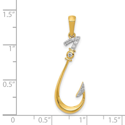 14K Yellow Gold Real Diamond Fish Hook Pendant