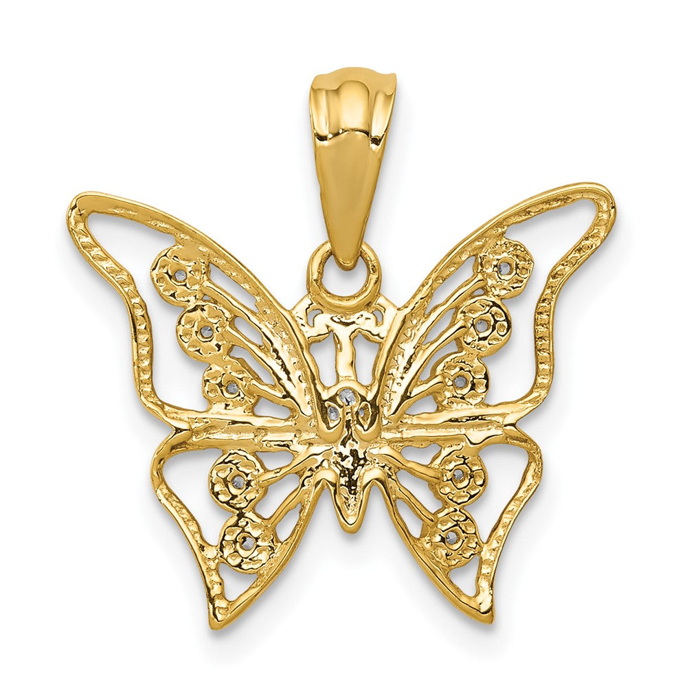 Solid 14k Yellow & Rhodium and Simulated CZ Butterfly Pendant