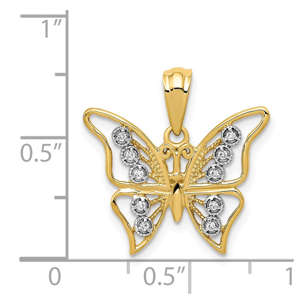 14k Yellow Gold and Rhodium Real Diamond Butterfly Pendant