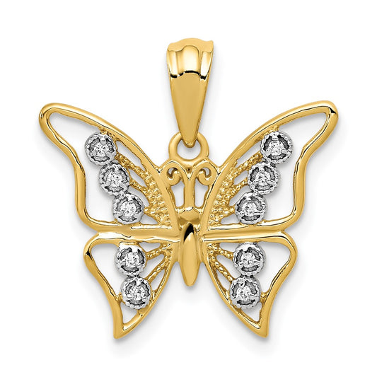 14k Yellow Gold and Rhodium Real Diamond Butterfly Pendant