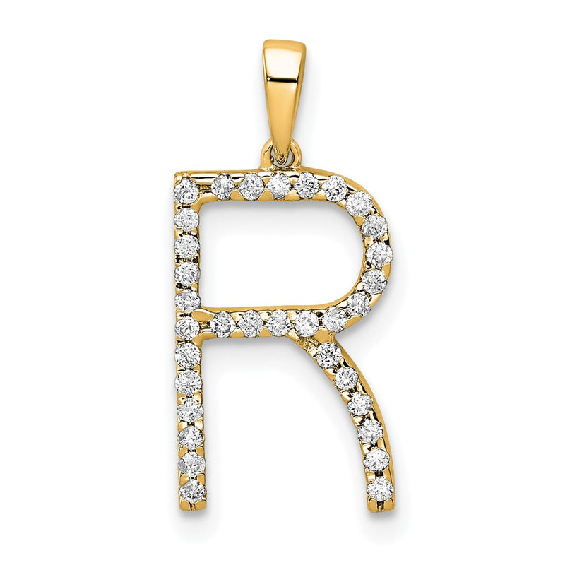 14K Yellow Gold Real Diamond Letter R Initial Pendant