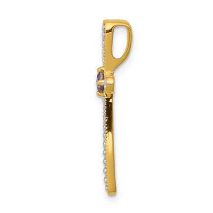 14K Yellow Gold Real Diamond and Amethyst Polished Cross Chain Slide