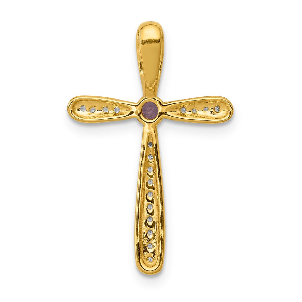 14K Yellow Gold Real Diamond and Amethyst Polished Cross Chain Slide