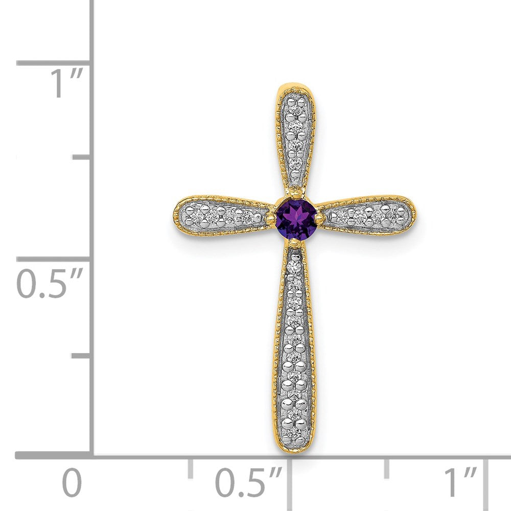 14K Yellow Gold Real Diamond and Amethyst Polished Cross Chain Slide