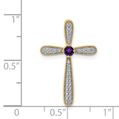 14K Yellow Gold Real Diamond and Amethyst Polished Cross Chain Slide