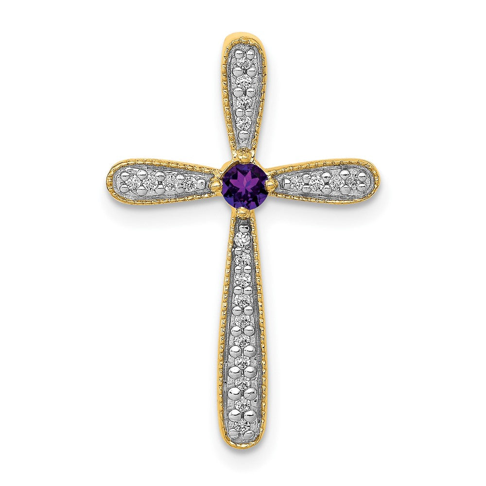 14K Yellow Gold Real Diamond and Amethyst Polished Cross Chain Slide