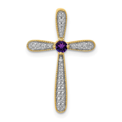 14K Yellow Gold Real Diamond and Amethyst Polished Cross Chain Slide