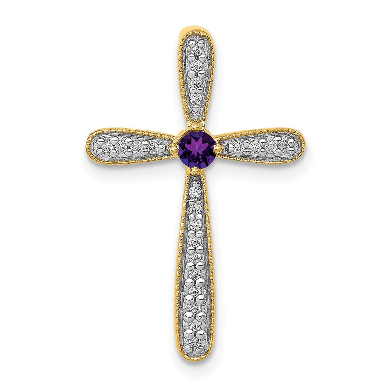 14K Yellow Gold Real Diamond and Amethyst Polished Cross Chain Slide