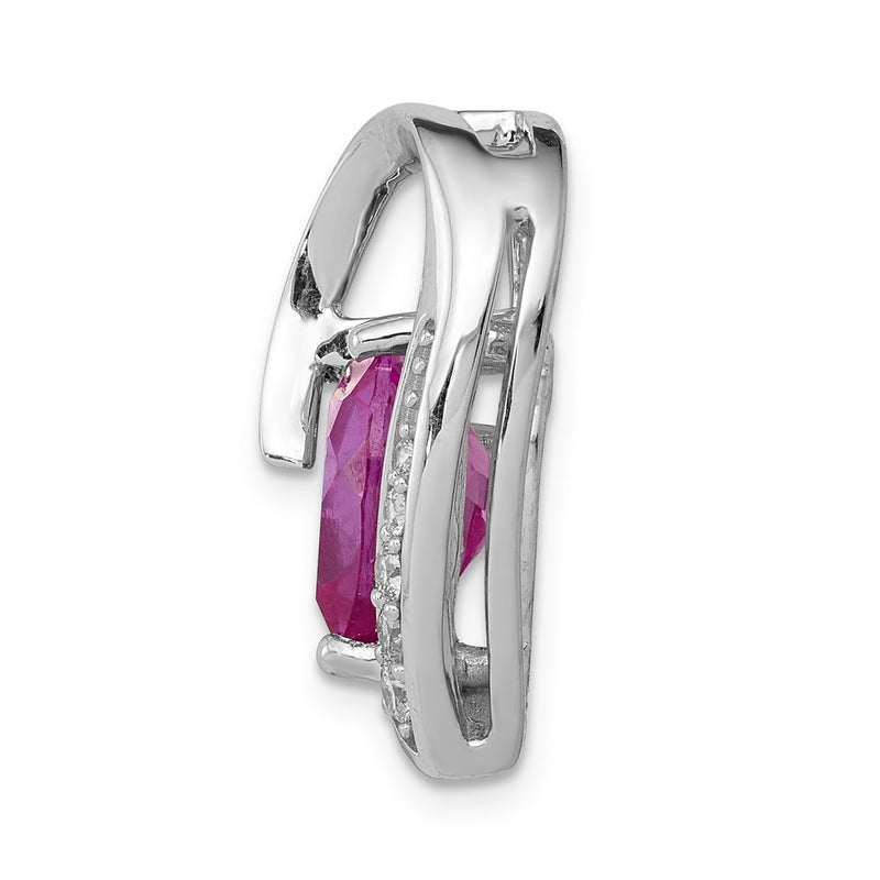 14k White Gold 1/8ct. Real Diamond and Created Pink Sapphire Chain Slide