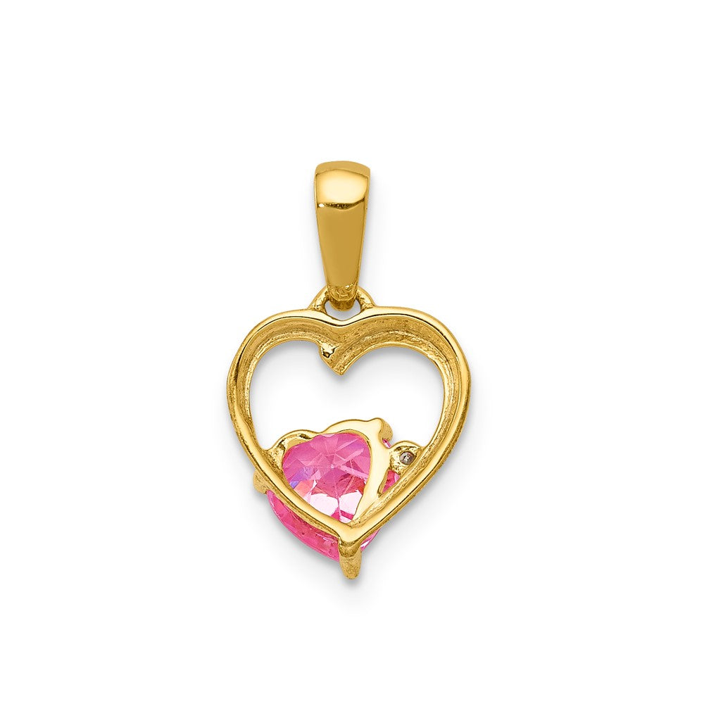 14K Yellow Gold Created Pink Sapphire and Real Diamond Heart Pendant