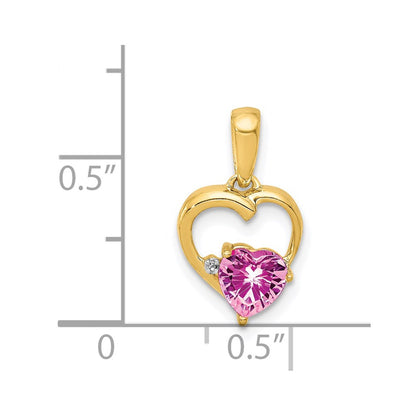 14K Yellow Gold Created Pink Sapphire and Real Diamond Heart Pendant