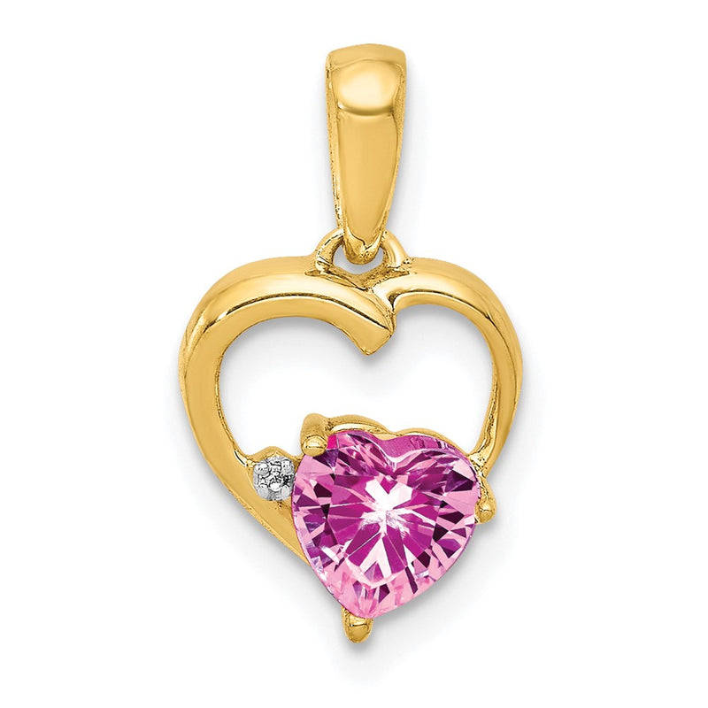 14K Yellow Gold Created Pink Sapphire and Real Diamond Heart Pendant