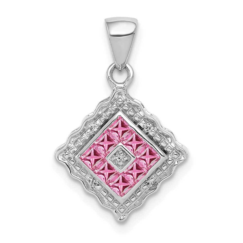 Solid 14k White Gold Simulated CZ and .40 PinK Sapphire Pendant