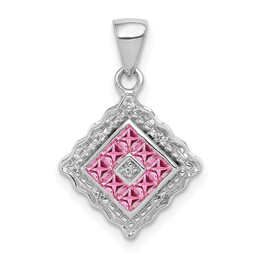 Solid 14k White Gold Simulated CZ and .40 PinK Sapphire Pendant