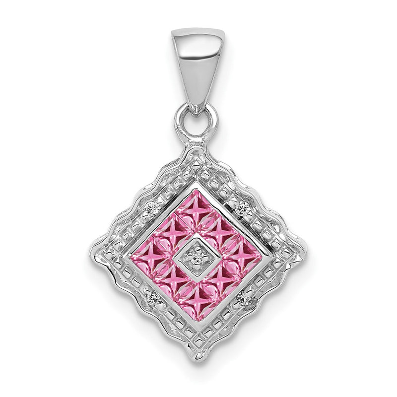14k White Gold Real Diamond and .40 Pink Sapphire Pendant