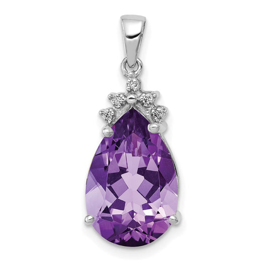 14k White Gold Pear 3.55 Amethyst & Real Diamond Pendant